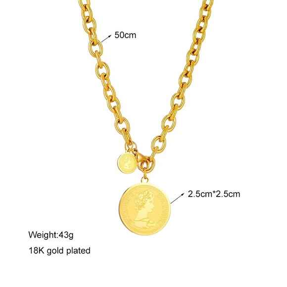 Gold color stainless steel portrait coin necklace - Picture 4 of 5